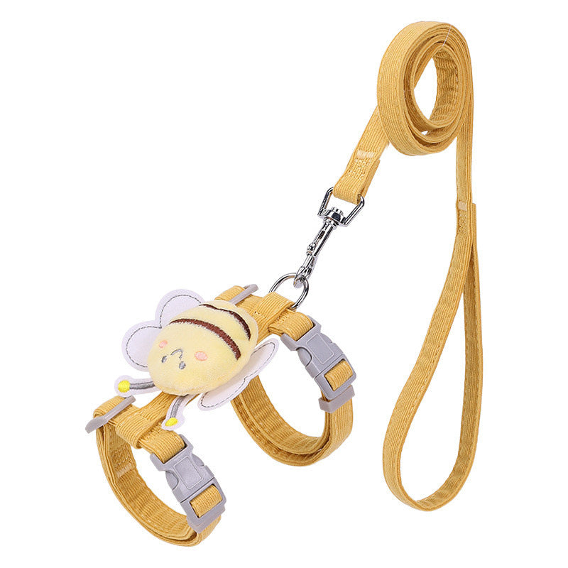Yellow dog leash with a bee-shaped clip on a white background