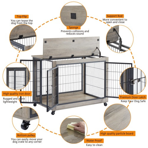 Furniture Style Dog Cage Side Table with Wheels Double Doors and Raised Top