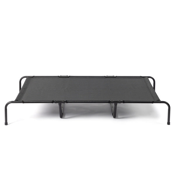 Black metal pet bed on a white background