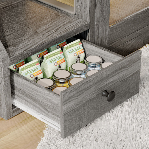 GO Cat Litter Box Enclosure With Light , Hidden Litter Box Furniture With 2 Storage Drawers, Indoor Cat House Side Table For Living Room