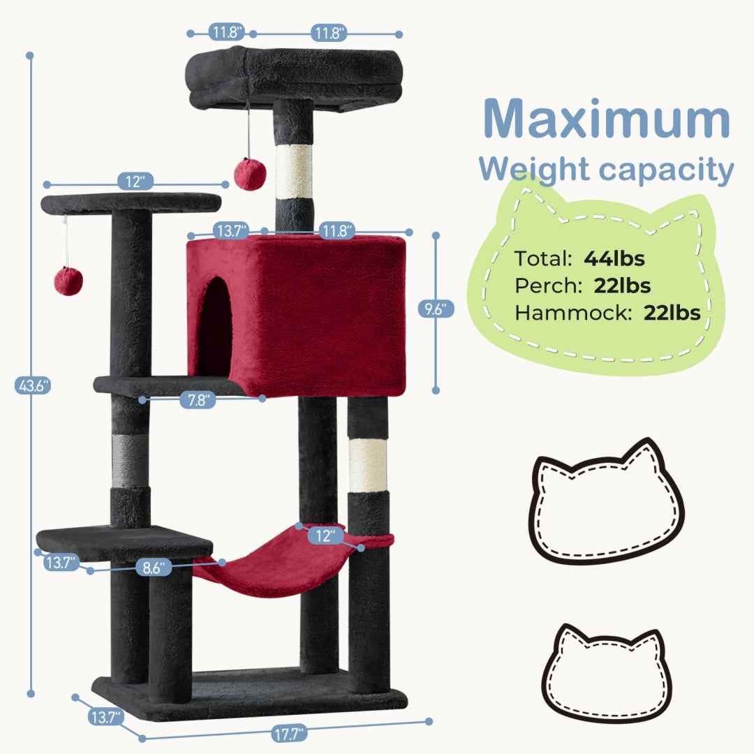 44-Inch Cat Tree - Multi-Level with Hammock & Sisal Posts - Purrfect Pet Haven