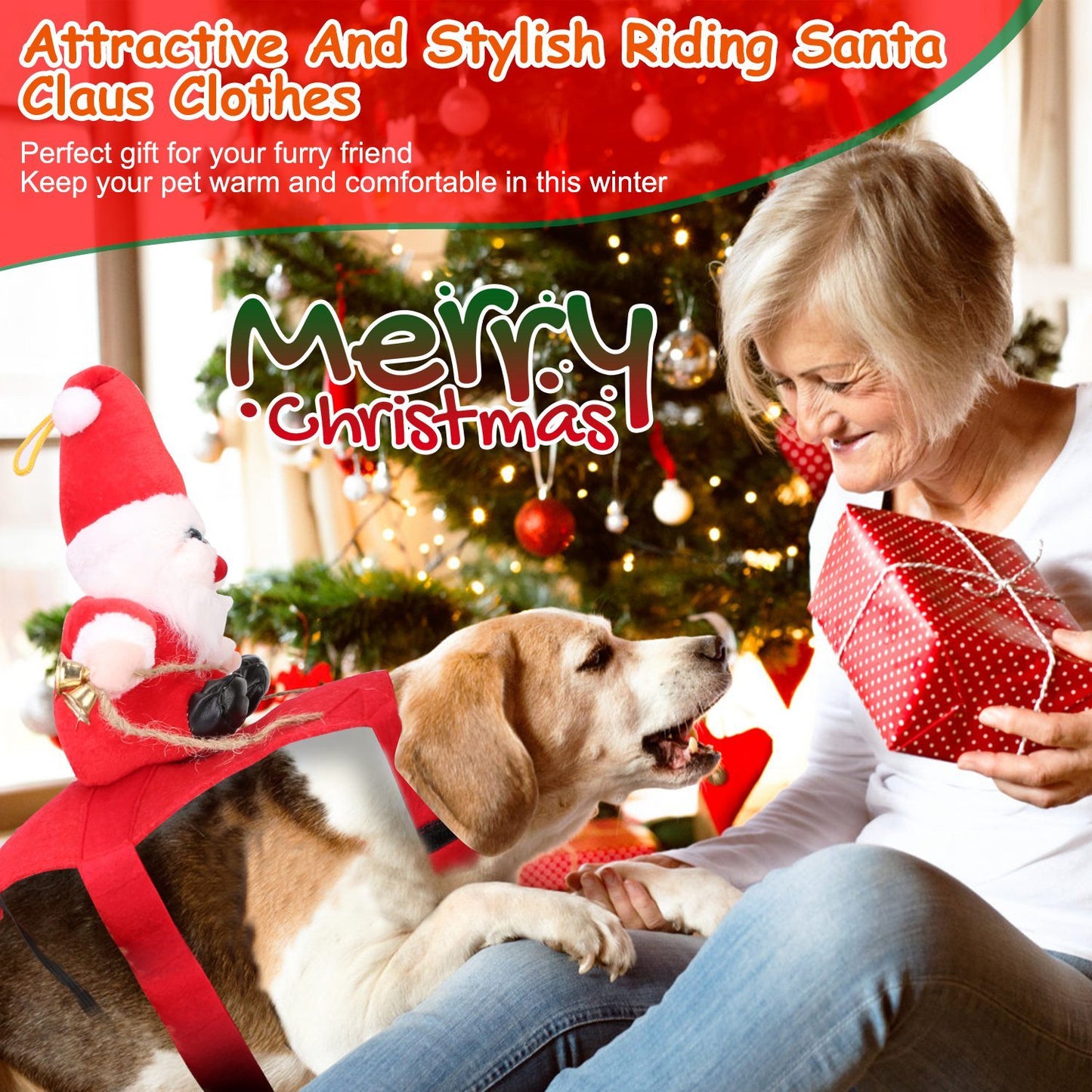 Christmas Santa Pet Outfit - Riding Style with Bell