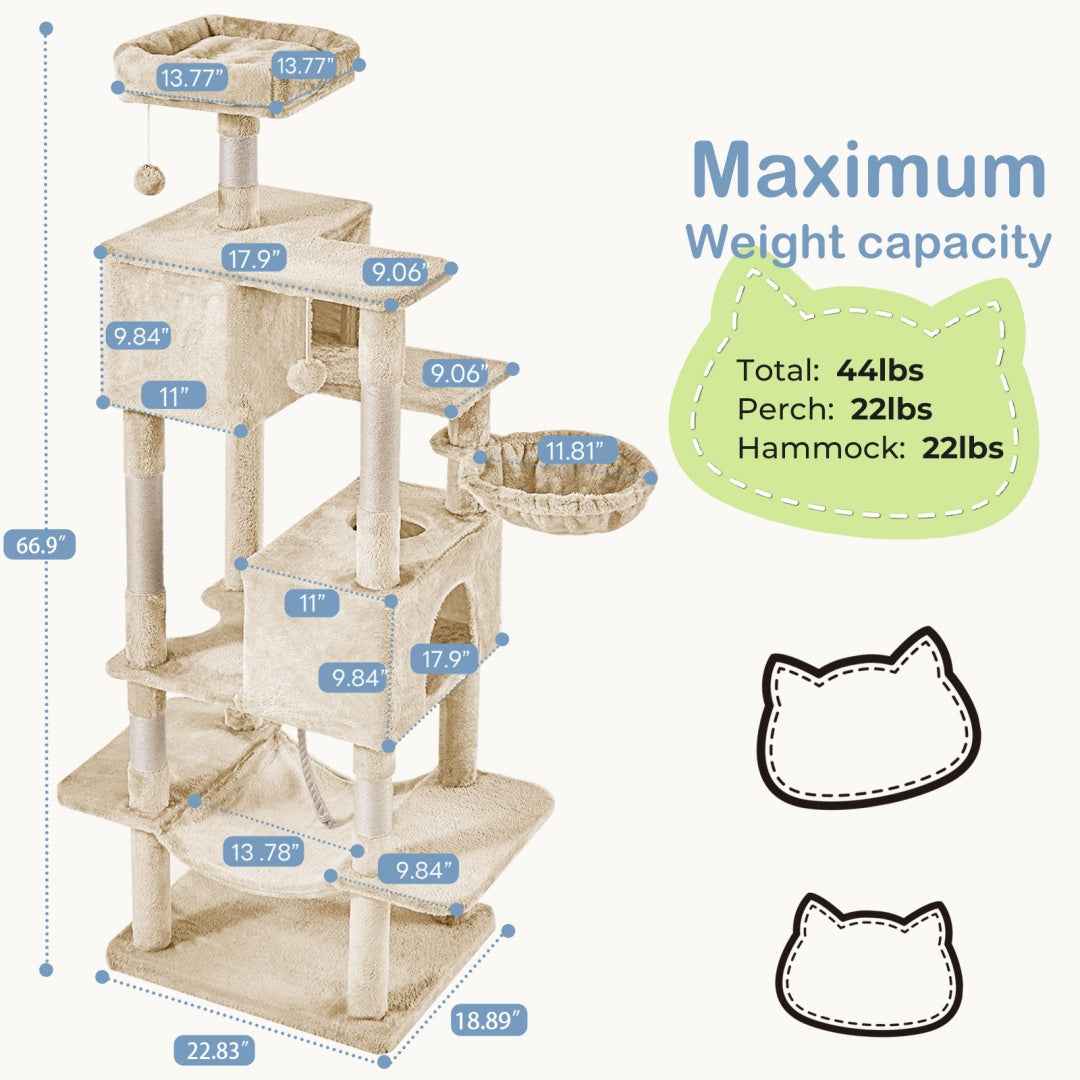 66-Inch Cat Tree Tower - Multi-Level with 2 Condos & Hammock - Purrfect Pet Haven