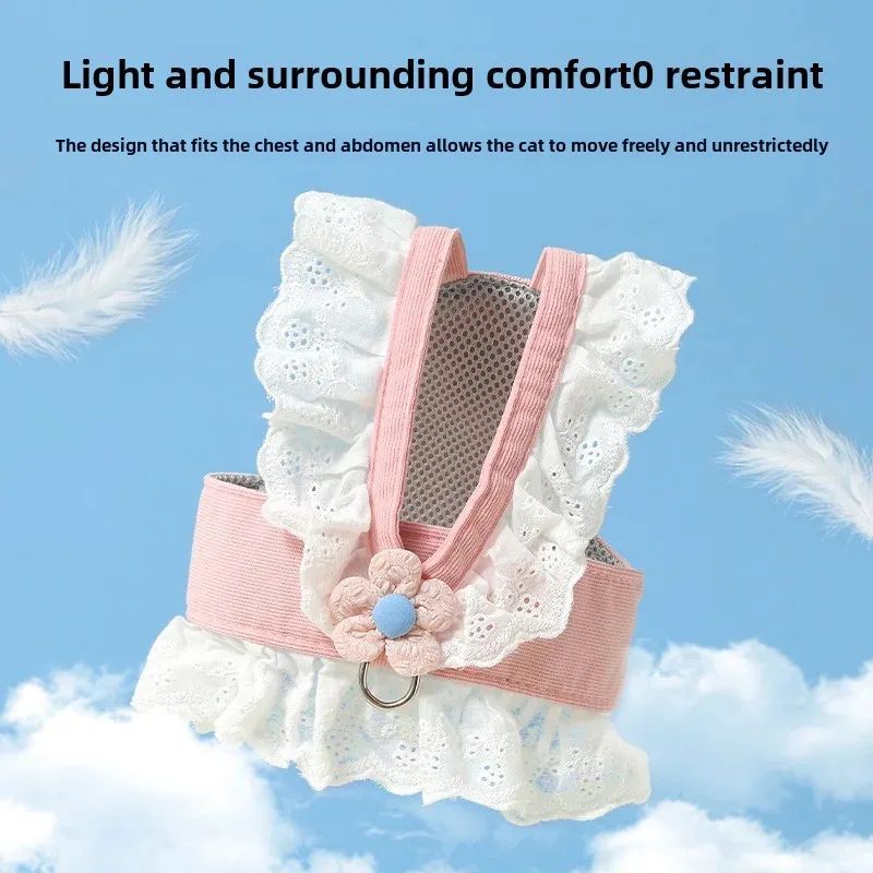 Cat restraint device with lace details against a blue sky background