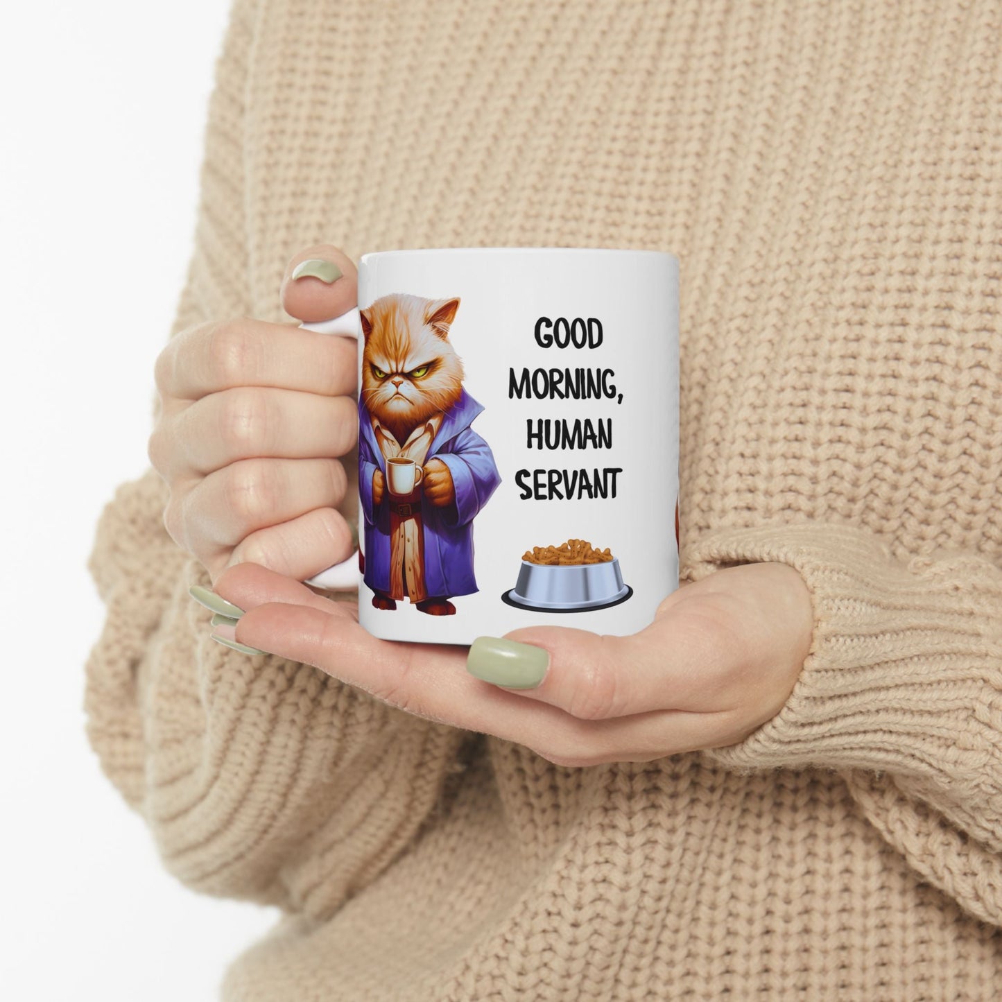 Funny Cat Mug - "Good Morning, Human Servant" - 11oz & 15oz Ceramic Coffee Cup | Purrfect Pet Haven