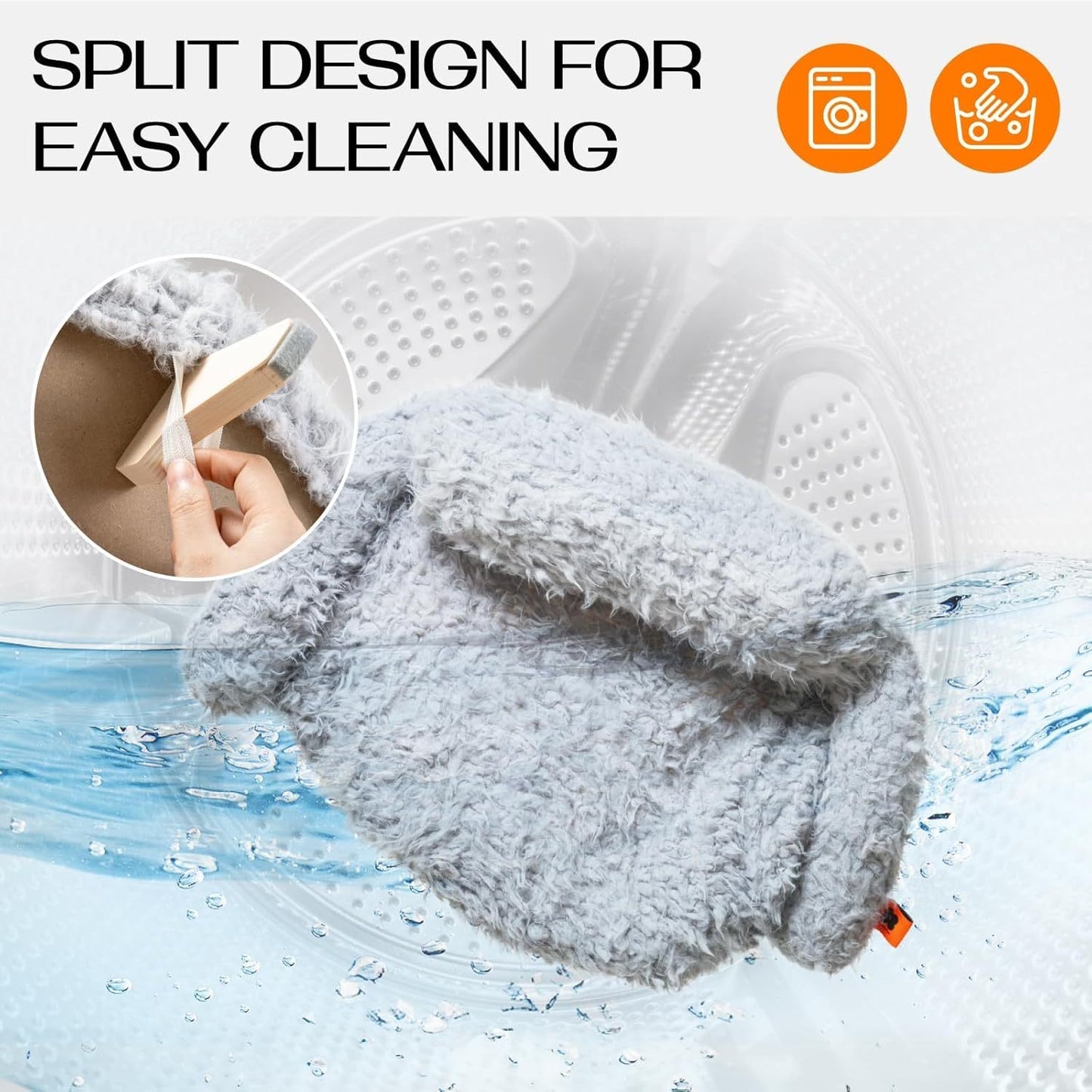 Gray cleaning mitt with text 'Split Design for Easy Cleaning' and icons indicating washing and cleaning.