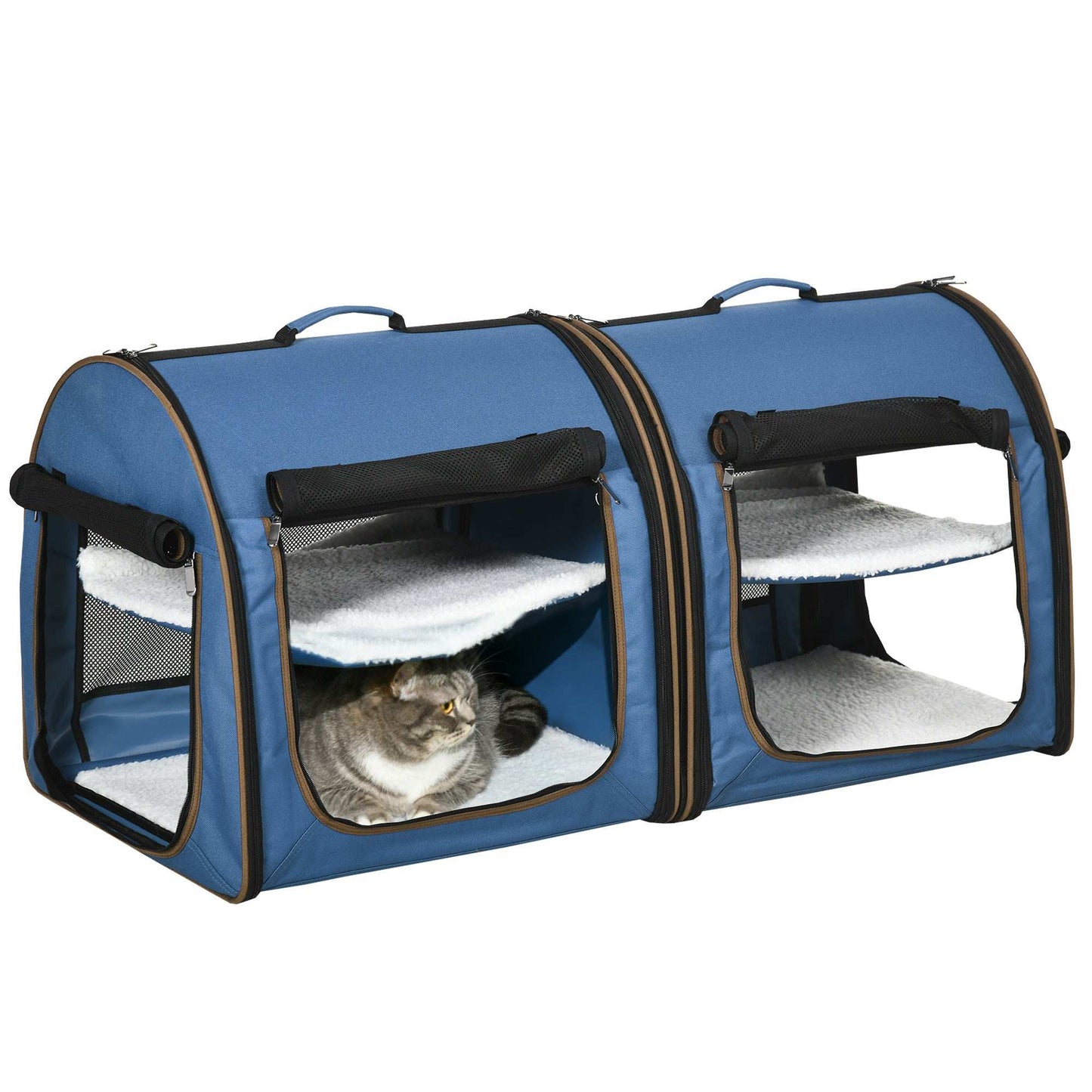Portable Twin Compartment Show House Cat Cage 39 Soft-Sided Pet Kennel With Soft Cushions Storage Bag Blue - Purrfect Pet Haven