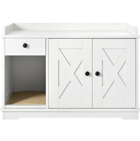 GO Cat Litter Box Enclosure, Litter Box Furniture Hidden With Cat Litter Mat, Indoor Cat House With Storage Drawer Side Table, Farmhouse Style Cat Box Cabinet For Living Room, White