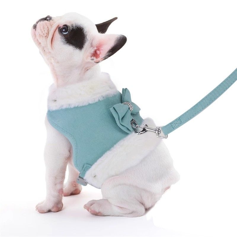 Warm Fur Collar Soft Padded Small Girl Pet Harness and Leash Set with Bow Tie