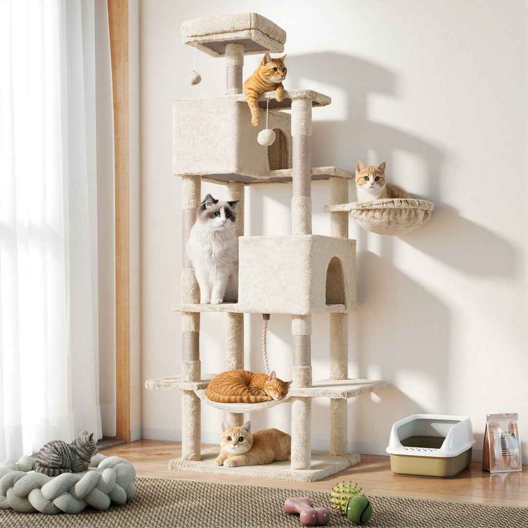 66-Inch Cat Tree Tower - Multi-Level with 2 Condos & Hammock - Purrfect Pet Haven