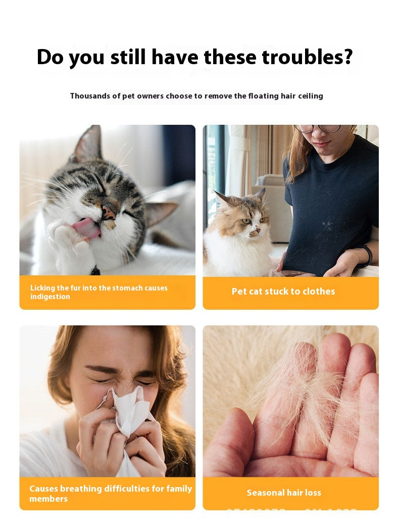 Collage of a cat licking fur, a person with a cat, a woman with a tissue, and hands with hair on them, with text about pet hair issues.