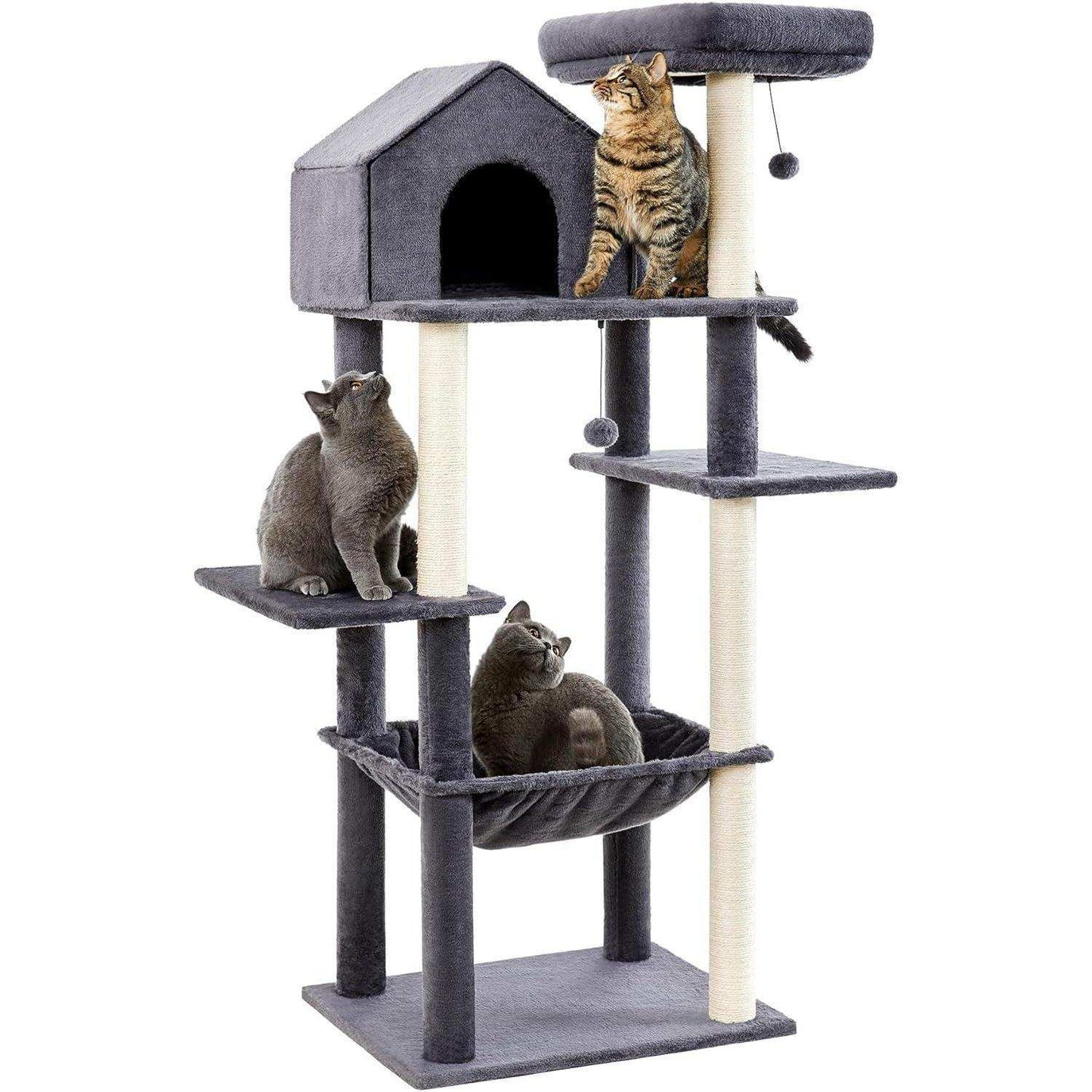 60 Inch Multi-Level Cat Tree For Indoor Cats With Plush Hammock - Purrfect Pet Haven
