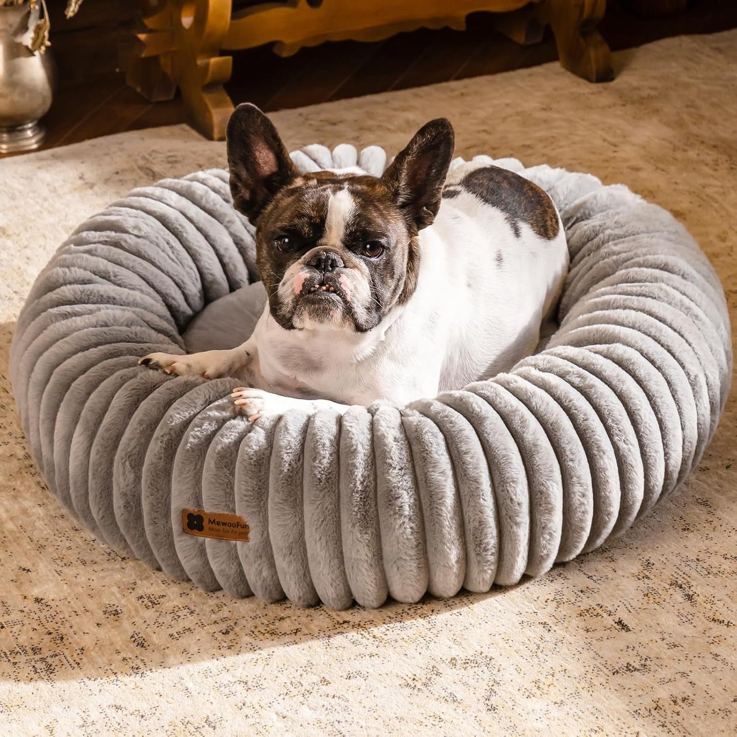 Fluffy Grey Round Pet Bed - Calming