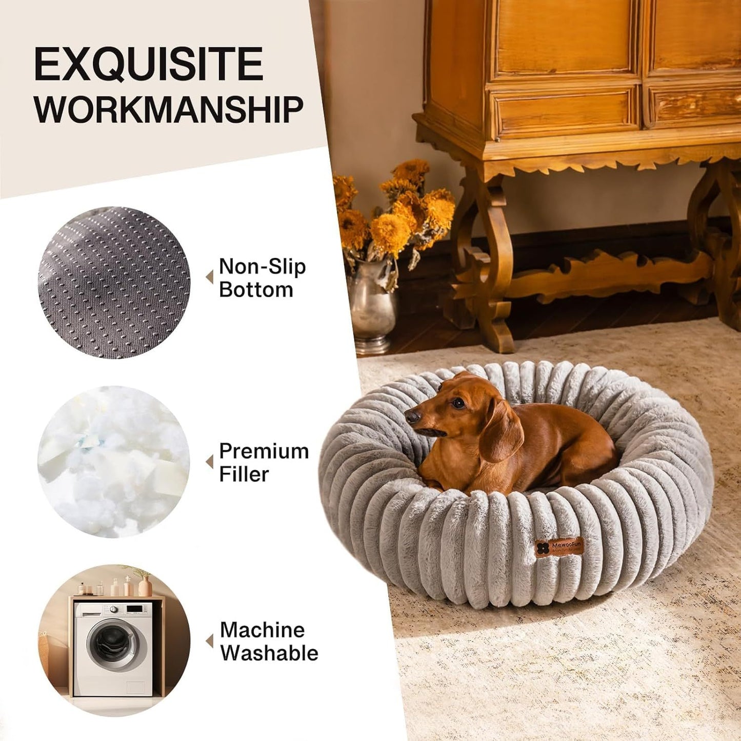 Fluffy Grey Round Pet Bed - Calming