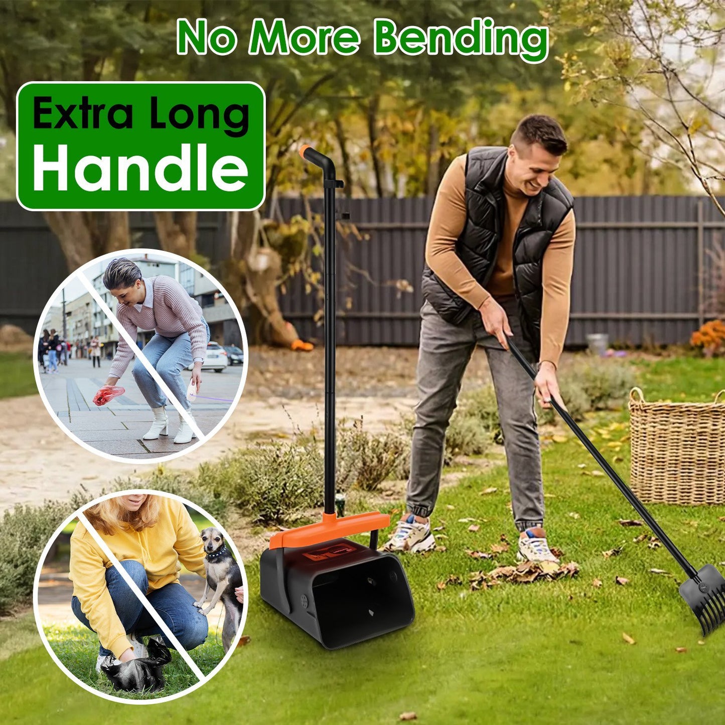 Pooper Scooper Kit Dog Poop Rake & Swiveling Bin Poop Heavy Duty Pick Up Tool With Extra Long Handle 35 Waste Bags Dispenser