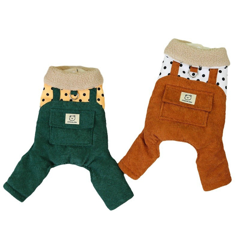 Two pairs of dog overalls, one green and one orange, on a white background.