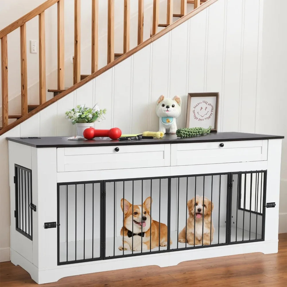 Wooden Dog Cage End Table with Charging Station Large Dog Crate Furniture-Decorative Heavy Duty