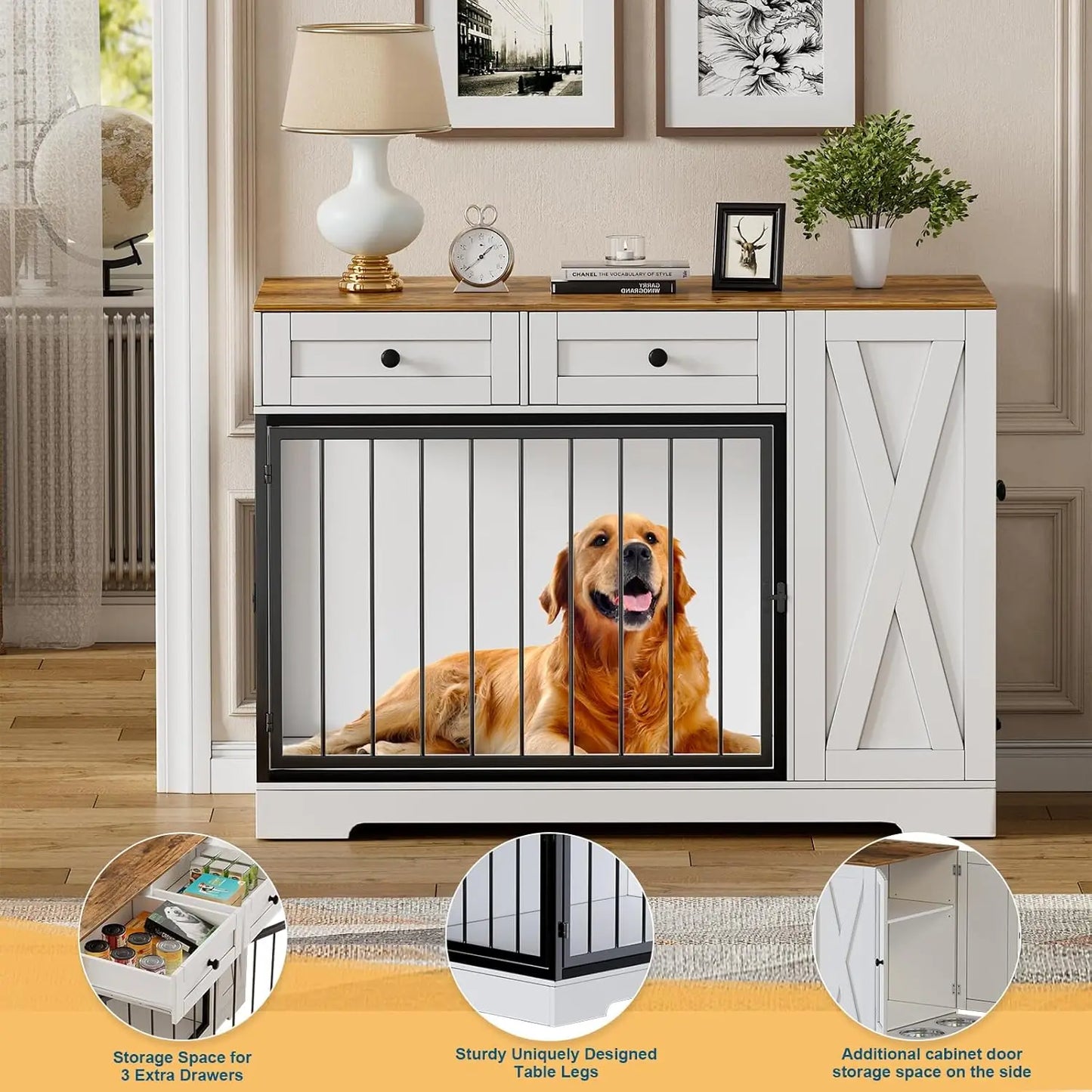 Dog Crate Furniture Kennel with Double Doors - Wooden Pet House with 2 Drawers and Pet Feeder Station Storage Cabinet