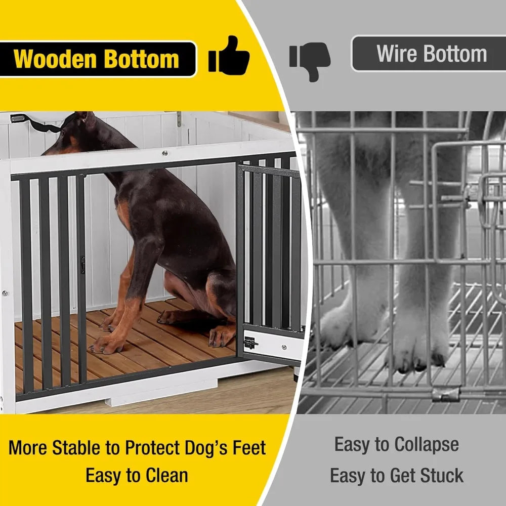 Foldable Dog Crate Furniture No Assembly, Expandable Design, Chew-Resistant, with 360° Rotating Pet Bowls