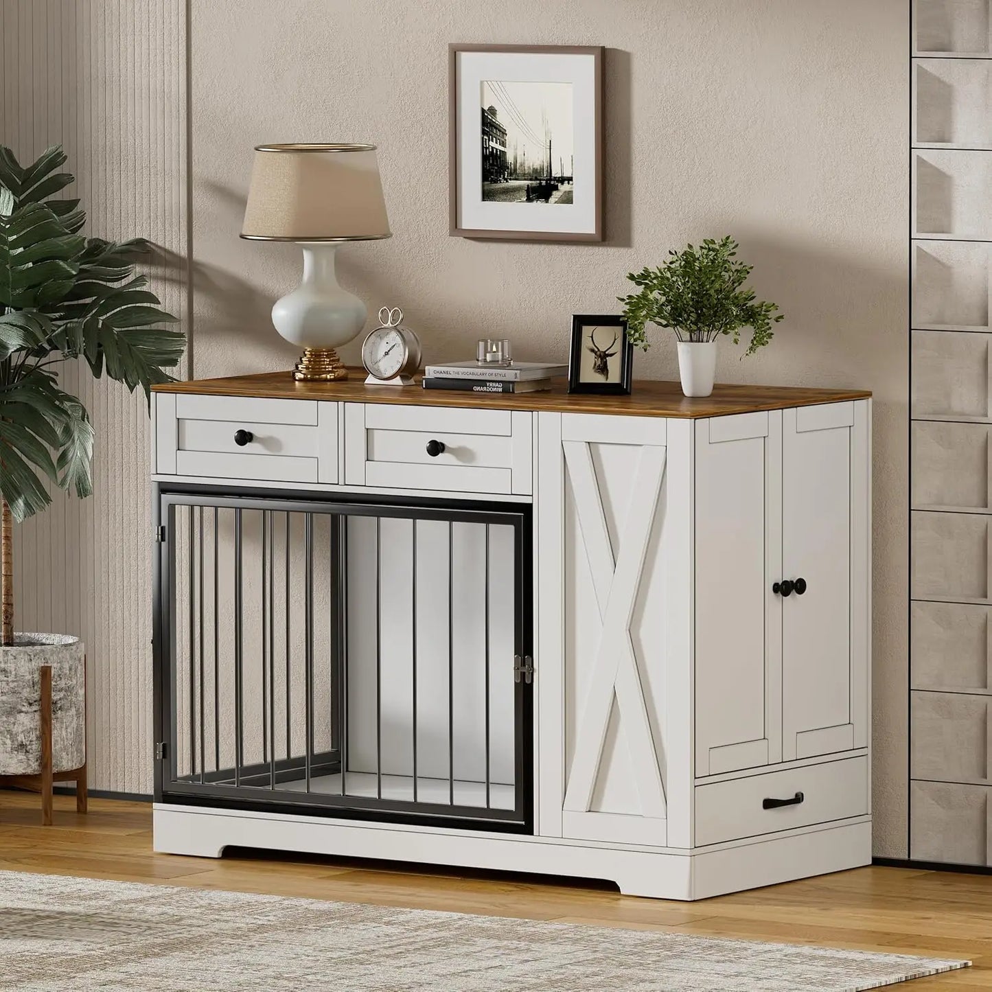 Dog Crate Furniture Kennel with Double Doors - Wooden Pet House with 2 Drawers and Pet Feeder Station Storage Cabinet