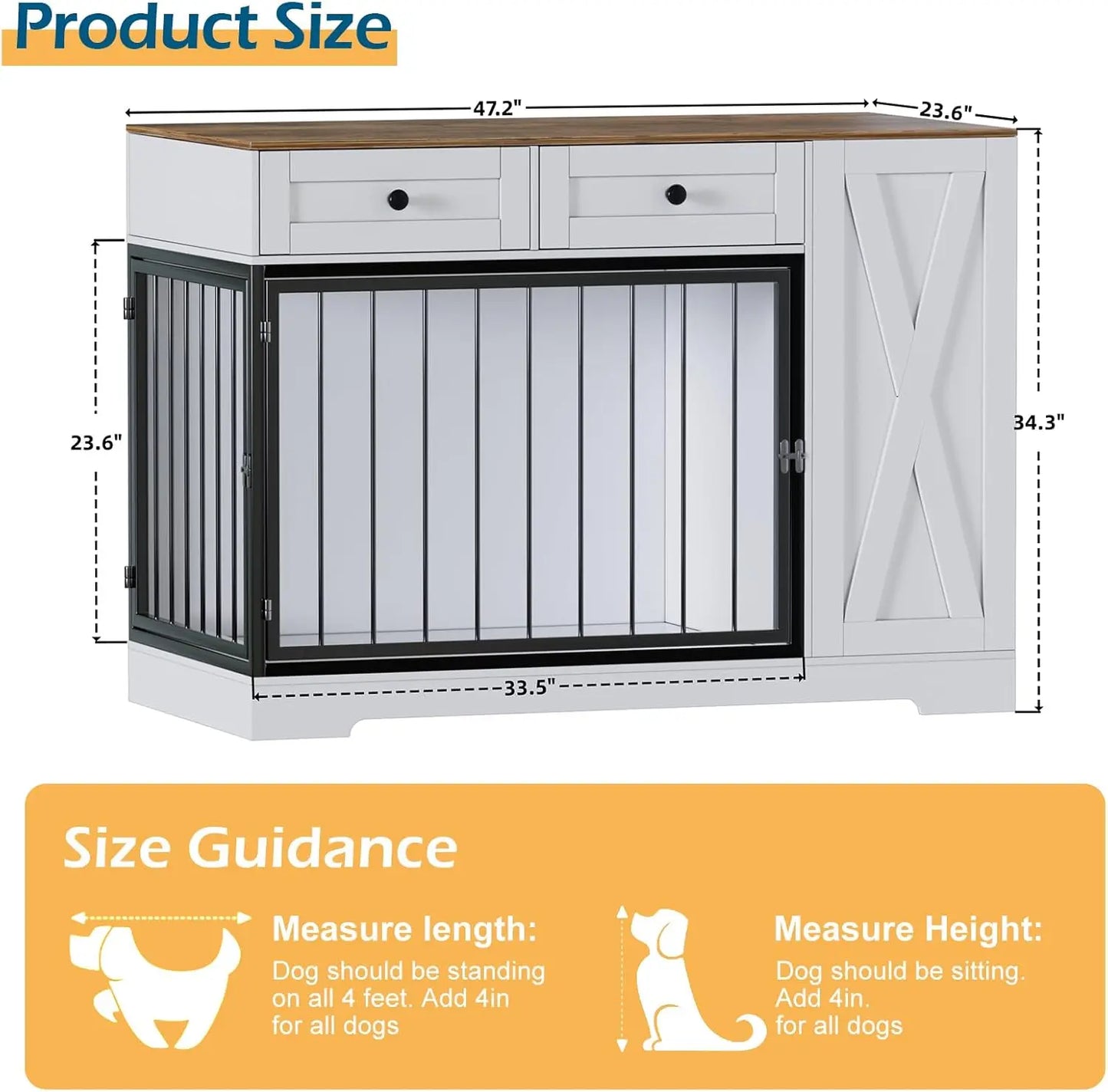 Dog Crate Furniture Kennel with Double Doors - Wooden Pet House with 2 Drawers and Pet Feeder Station Storage Cabinet