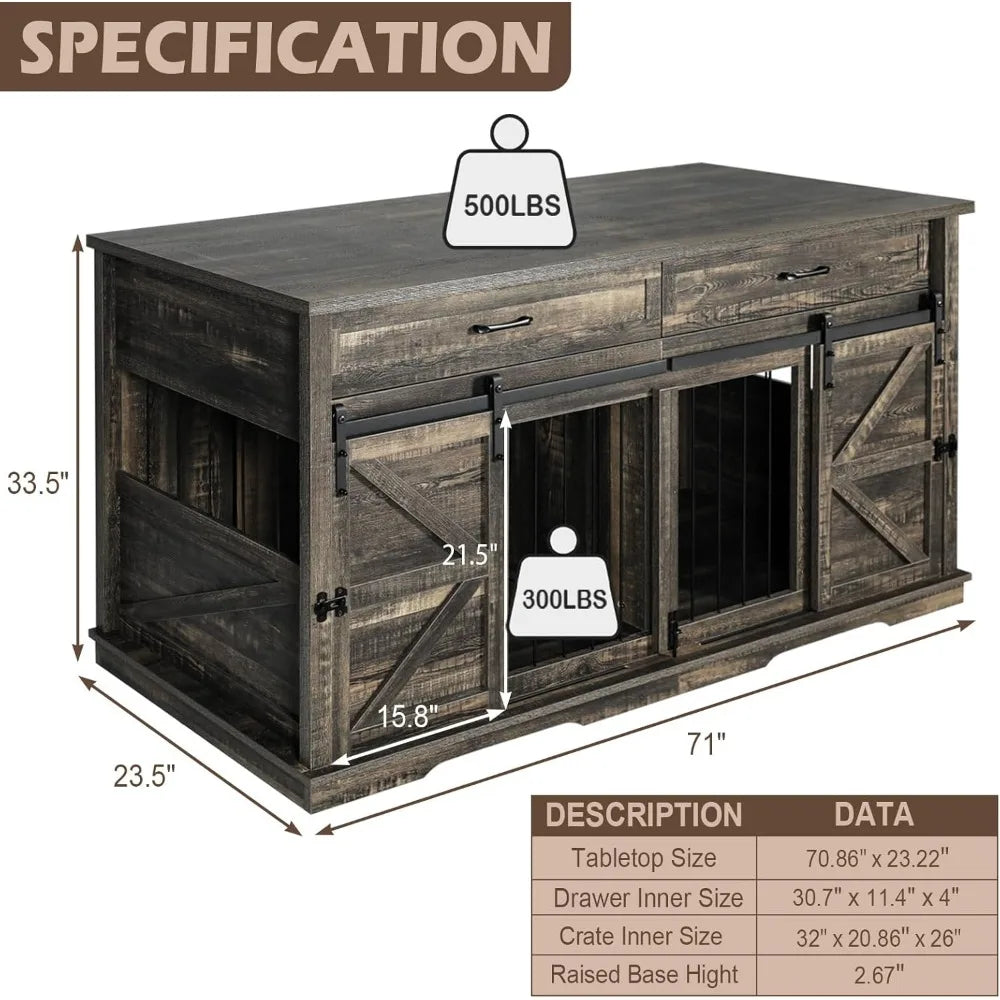 Wooden Furniture Double Dog Crate TV Stand for Medium and Large Breeds with Sliding Doors