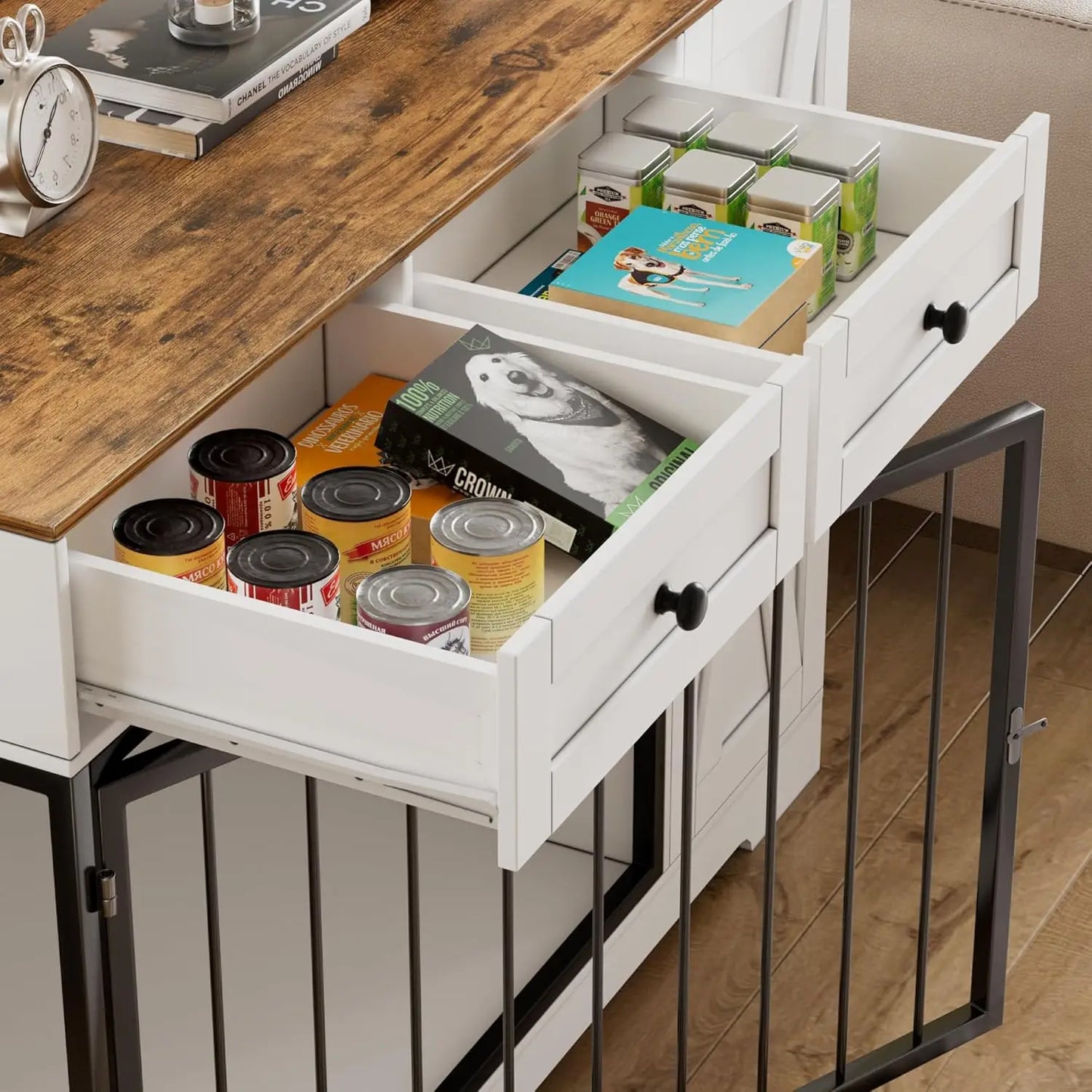 Dog Crate Furniture Kennel with Double Doors - Wooden Pet House with 2 Drawers and Pet Feeder Station Storage Cabinet