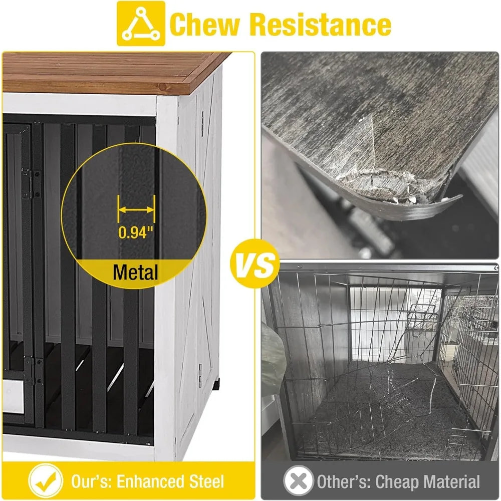 Foldable Dog Crate Furniture No Assembly, Expandable Design, Chew-Resistant, with 360° Rotating Pet Bowls