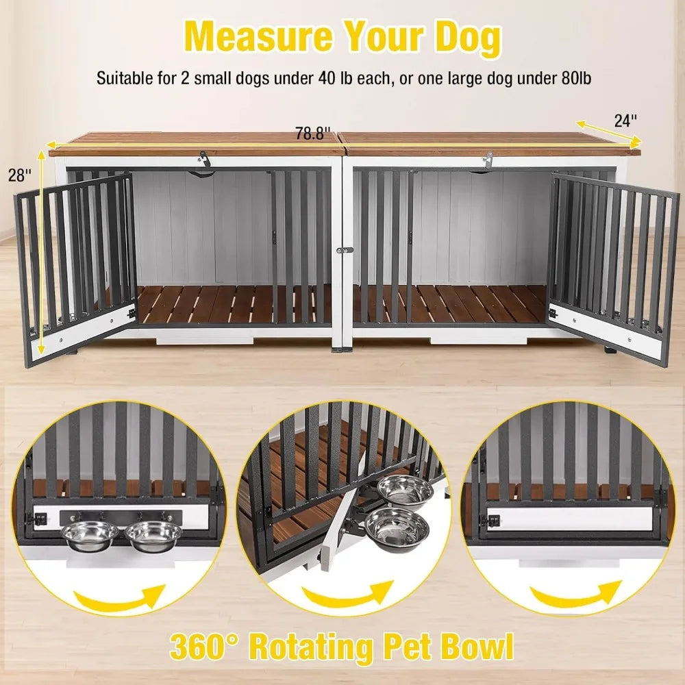 Foldable Dog Crate Furniture No Assembly, Expandable Design, Chew-Resistant, with 360° Rotating Pet Bowls