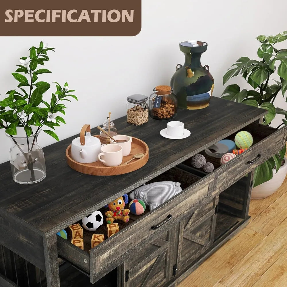 Wooden Furniture Double Dog Crate TV Stand for Medium and Large Breeds with Sliding Doors