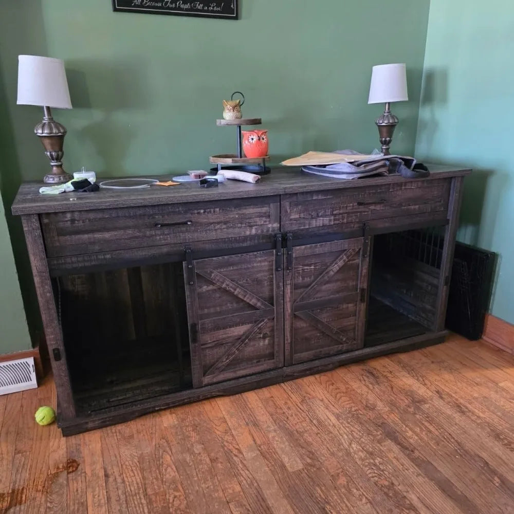 Wooden Furniture Double Dog Crate TV Stand for Medium and Large Breeds with Sliding Doors