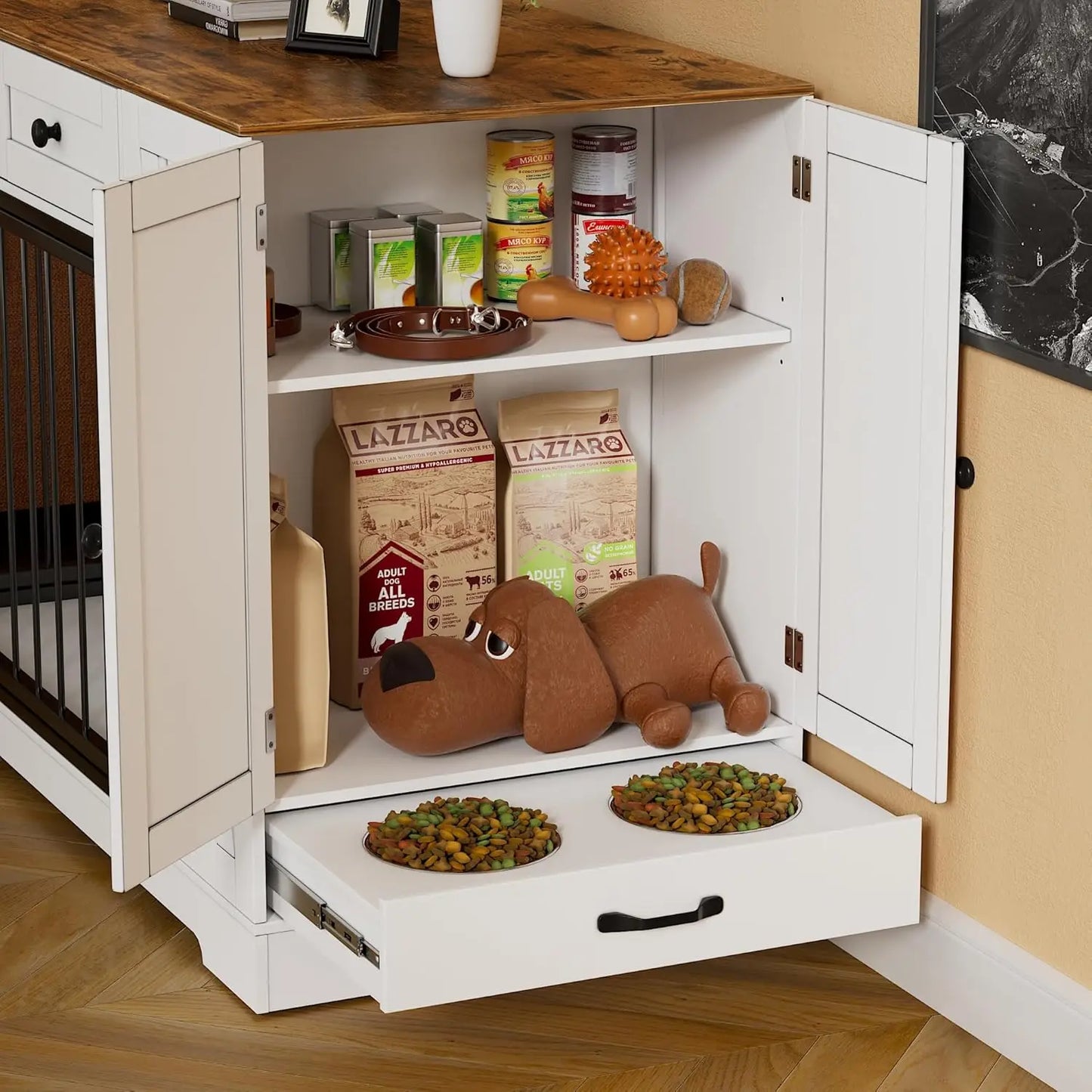 Dog Crate Furniture Kennel with Double Doors - Wooden Pet House with 2 Drawers and Pet Feeder Station Storage Cabinet