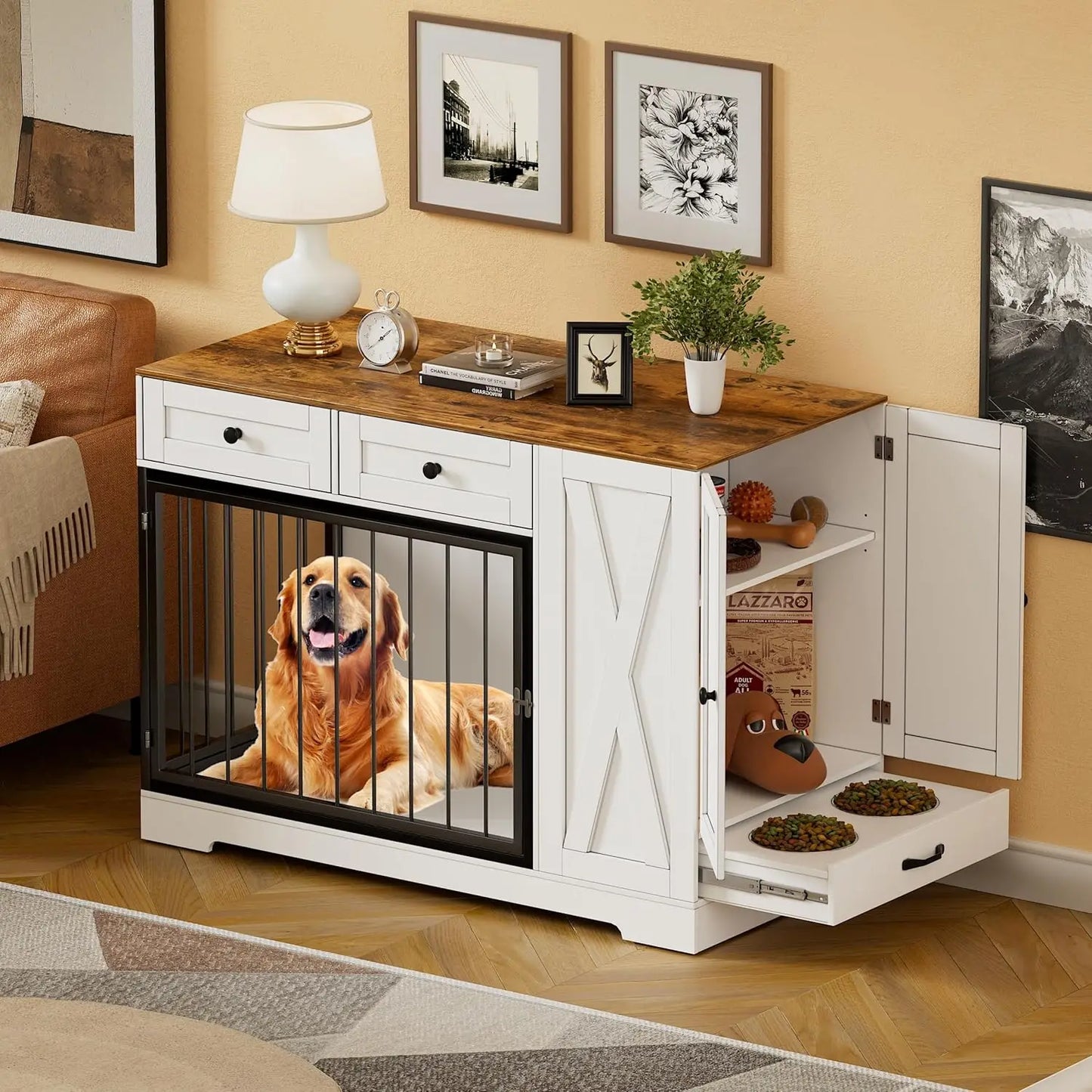 Dog Crate Furniture Kennel with Double Doors - Wooden Pet House with 2 Drawers and Pet Feeder Station Storage Cabinet