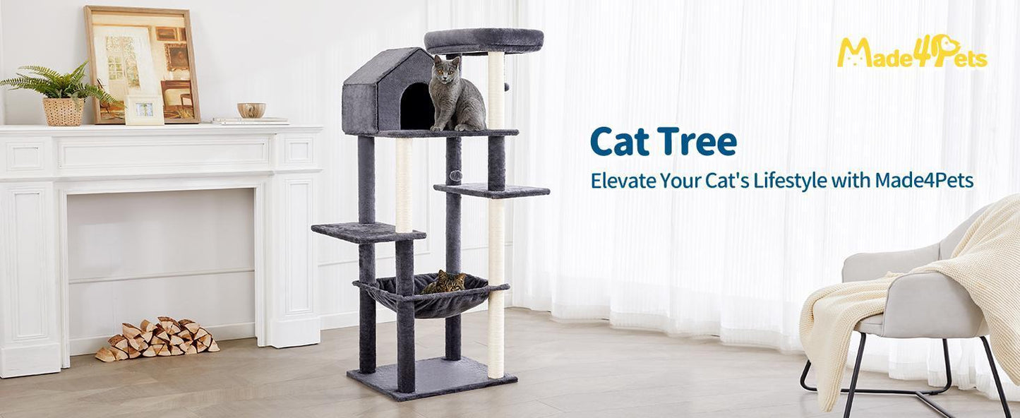 60 Inch Multi-Level Cat Tree For Indoor Cats With Plush Hammock