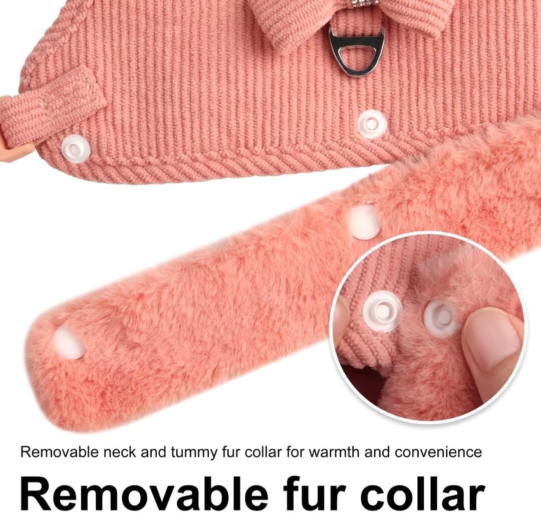 Warm Fur Collar Soft Padded Small Girl Pet Harness and Leash Set with Bow Tie