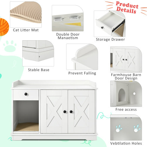 GO Cat Litter Box Enclosure, Litter Box Furniture Hidden With Cat Litter Mat, Indoor Cat House With Storage Drawer Side Table, Farmhouse Style Cat Box Cabinet For Living Room, White