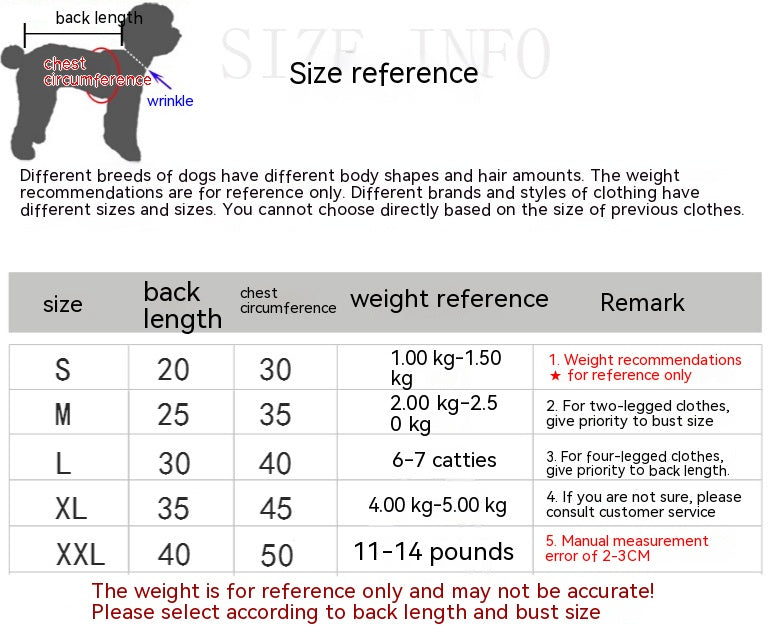 Dog size chart with measurements and weight references