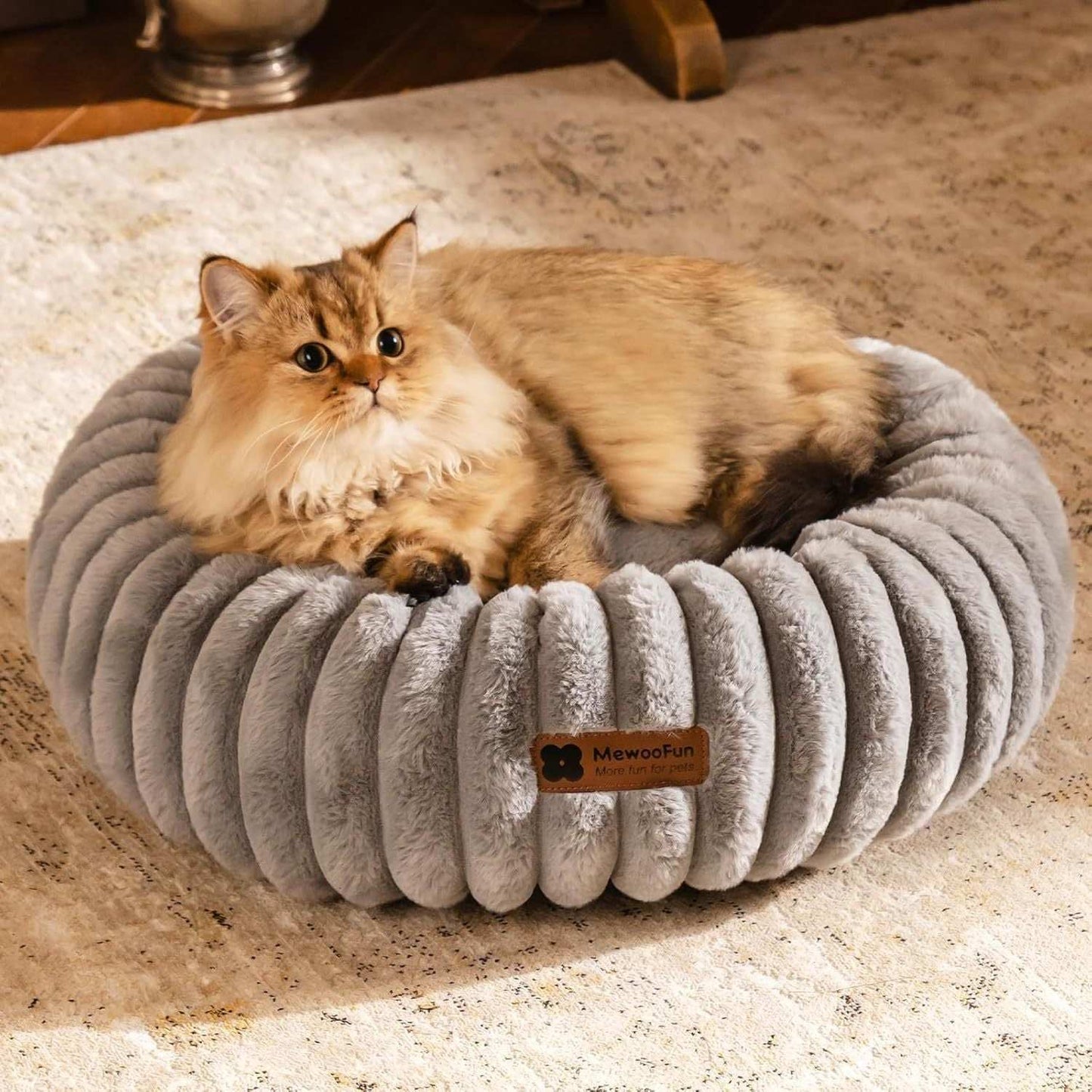Fluffy Grey Round Pet Bed - Calming - Purrfect Pet Haven