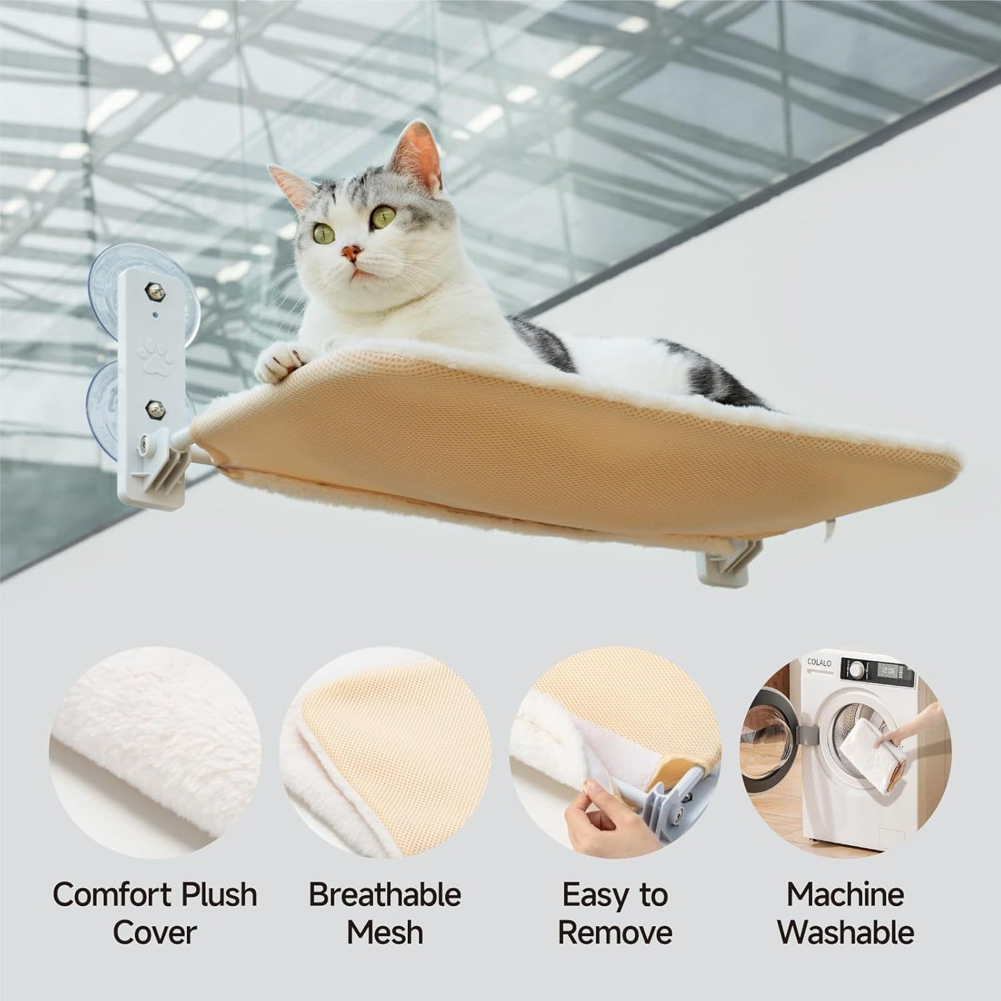 Large White Window Seat Cat Window Perch - Foldable Steel Frame Hammock with Removable Mat For Indoor Cats