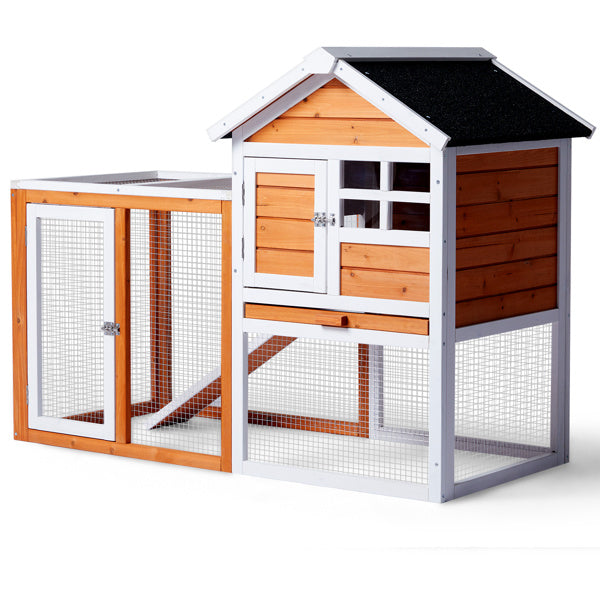 Wooden Rabbit Hutch with Run - Fir Wood with Ladder