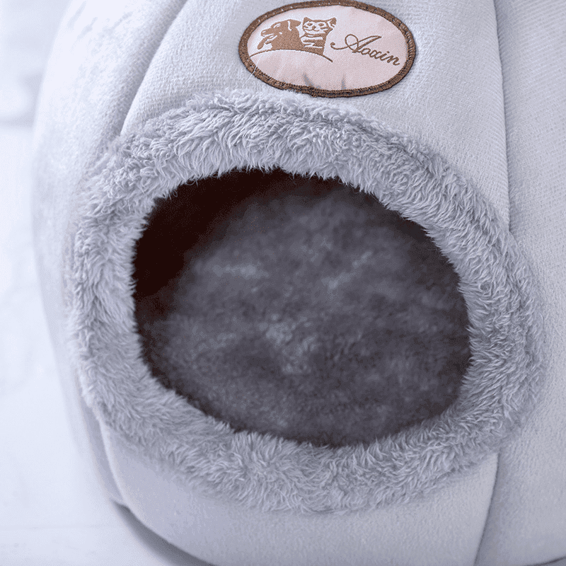 Purrfect Pet Haven gray plush cave with round opening and soft fleece interior cozy cat tent bed winter