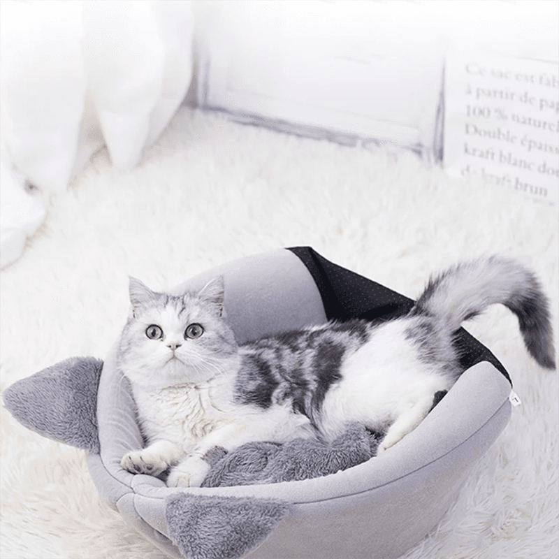 Purrfect Pet Haven gray plush cozy cat tent bed winter with cat lounging on fluffy rug