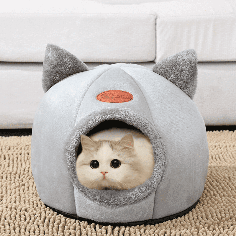 Purrfect Pet Haven gray plush cat cave with cat inside on rug cozy cat tent bed winter soft ears