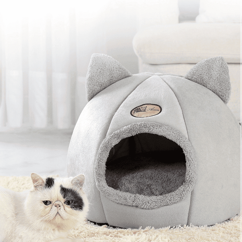 Purrfect Pet Haven cozy cat tent bed winter grey plush cat cave with soft faux fur interior and cat ears