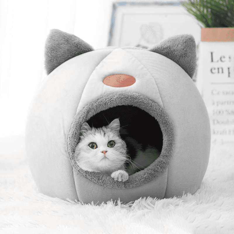 Purrfect Pet Haven cozy cat tent bed winter gray plush cat cave with ears and kitten peeking inside