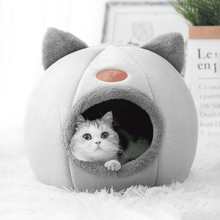 Purrfect Pet Haven cozy cat tent bed winter gray plush cat cave with ears and kitten peeking inside
