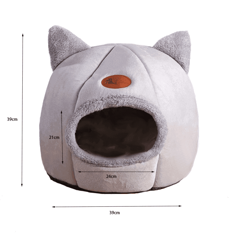 Purrfect Pet Haven gray plush cat cave with ears and round opening cozy cat tent bed winter for small cats