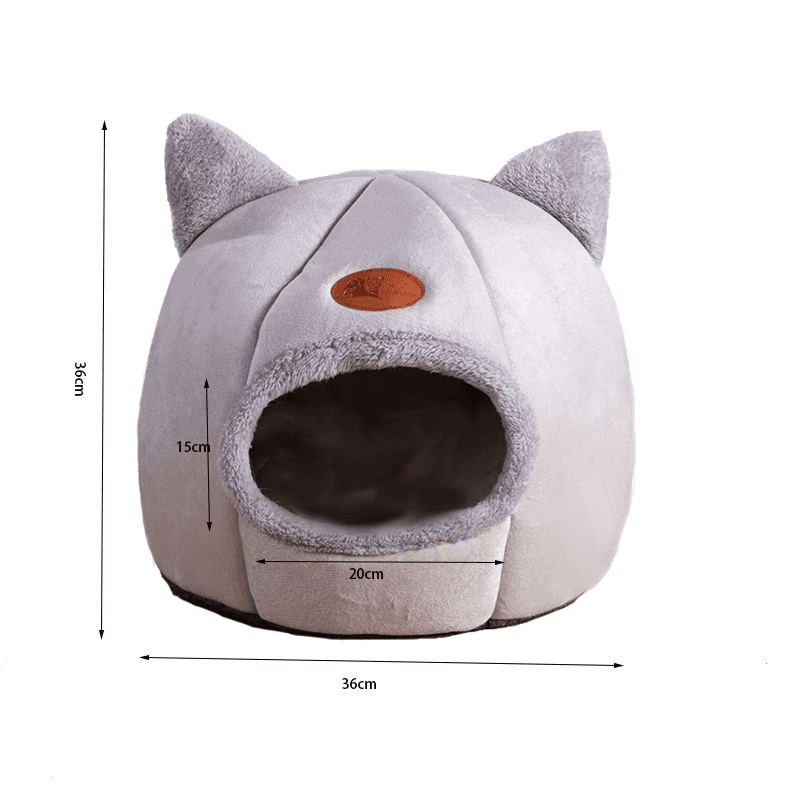 Purrfect Pet Haven gray cat shaped cozy cat tent bed winter with plush ears and round entrance