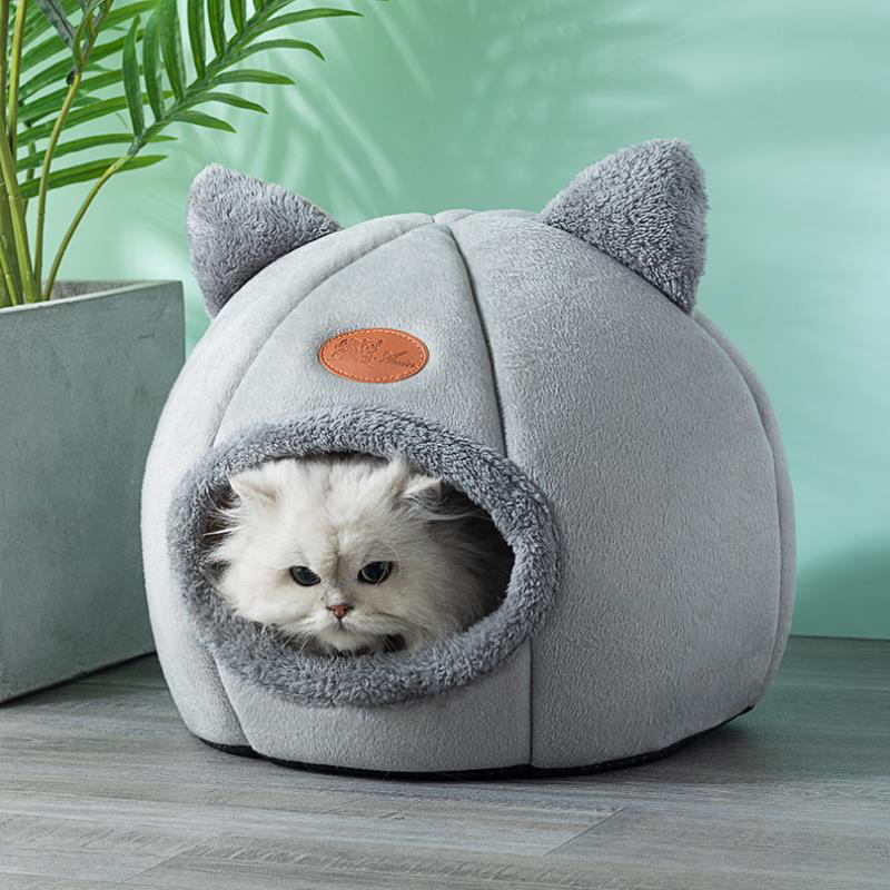 Purrfect Pet Haven grey plush cat cave with kitten inside cozy cat tent bed winter for indoor warmth and privacy