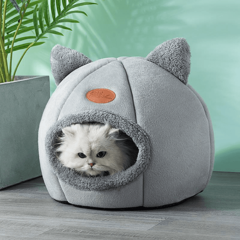 Purrfect Pet Haven grey plush cat cave with kitten inside cozy cat tent bed winter for indoor warmth and privacy